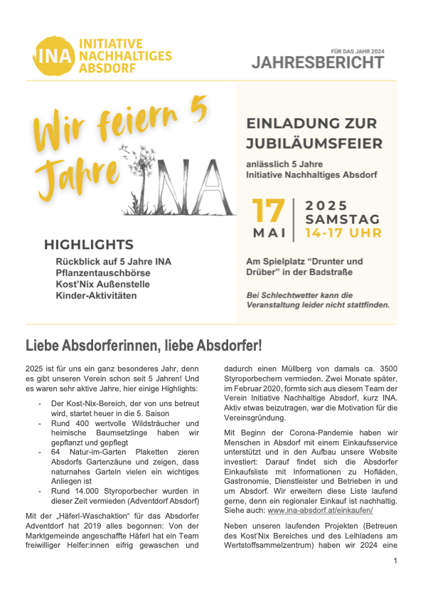 Erste Seite des Jahresberichts 2024 mit Einladung zur 5 Jahresfeier